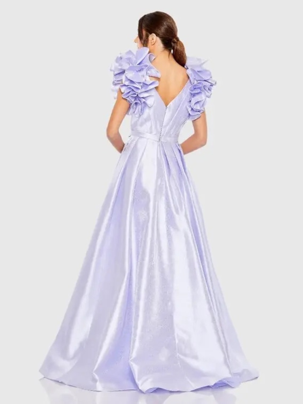 Mac Duggal Lilac Satin V-Neck Ball Gown with Statement Puff Sleeves - Picture 3 of 3